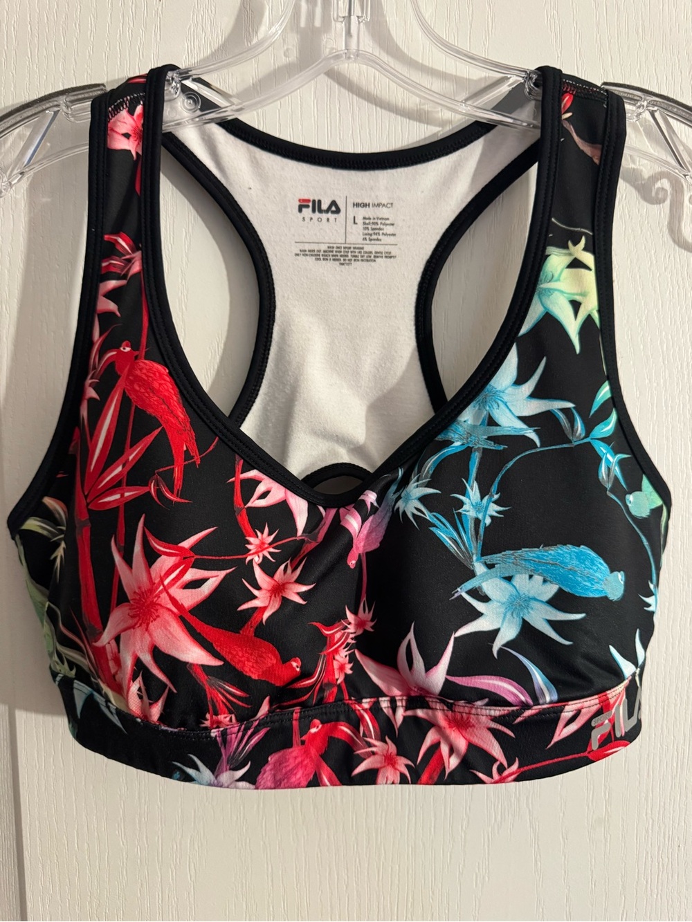 FILA Women's Black sports bra with Red, Pink and Turquoise Floral Print